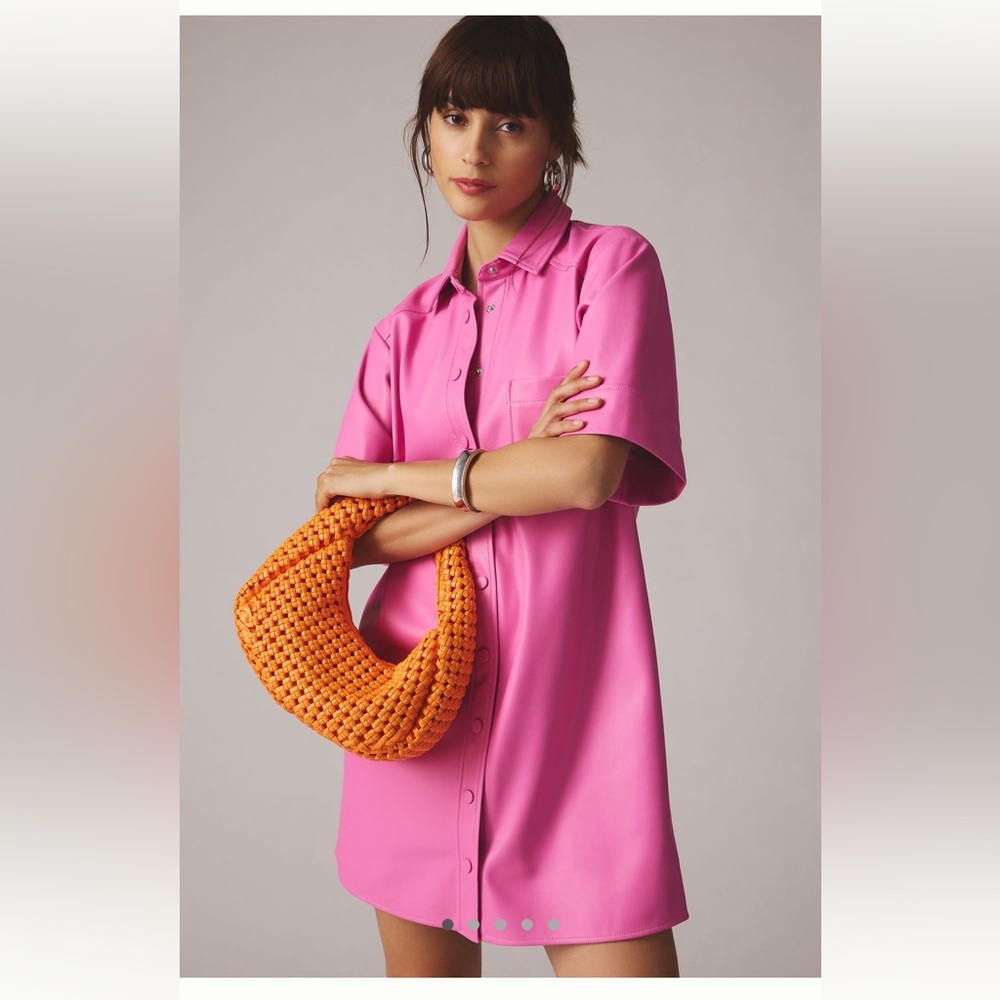 Faux Leather - Pink Collar Buttoned Knee-Length Dress